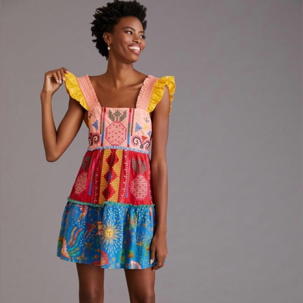 FARM Rio Color Blocking Pineapple Embroidered Tiered Mini Dress Tropical Red  M